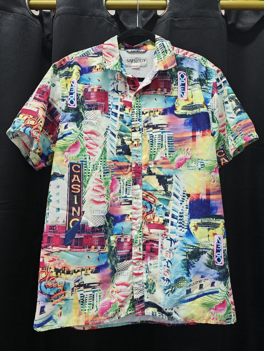 Surf Society Colorful Casino/Flamingo Button Up Sz XL